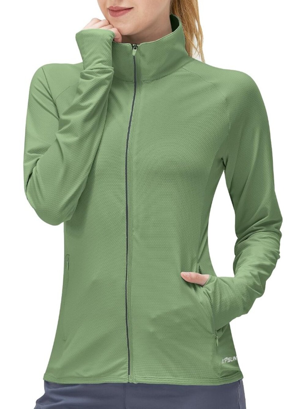 Women's Dark Green Long Sleeve ZIP High Neck Plain Hem Lightweight Sport Jacket